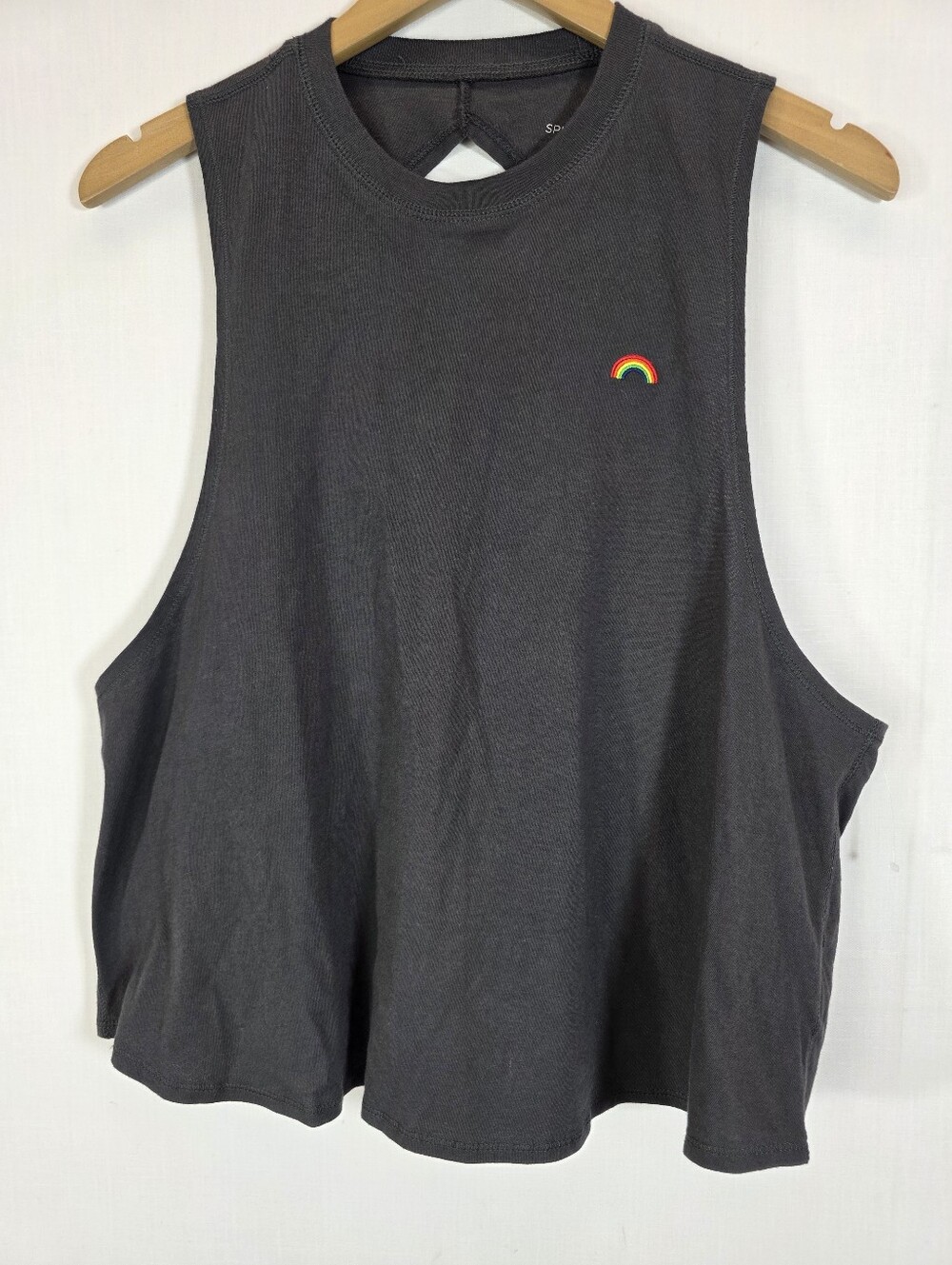 Spiritual Gangster Medium Black Embroidered Rainbow Keyhole Back Muscle Tank Top